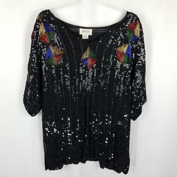 Design Assets Women top black silk lined beaded and sequined VTG 2X‎ - Picture 1 of 8
